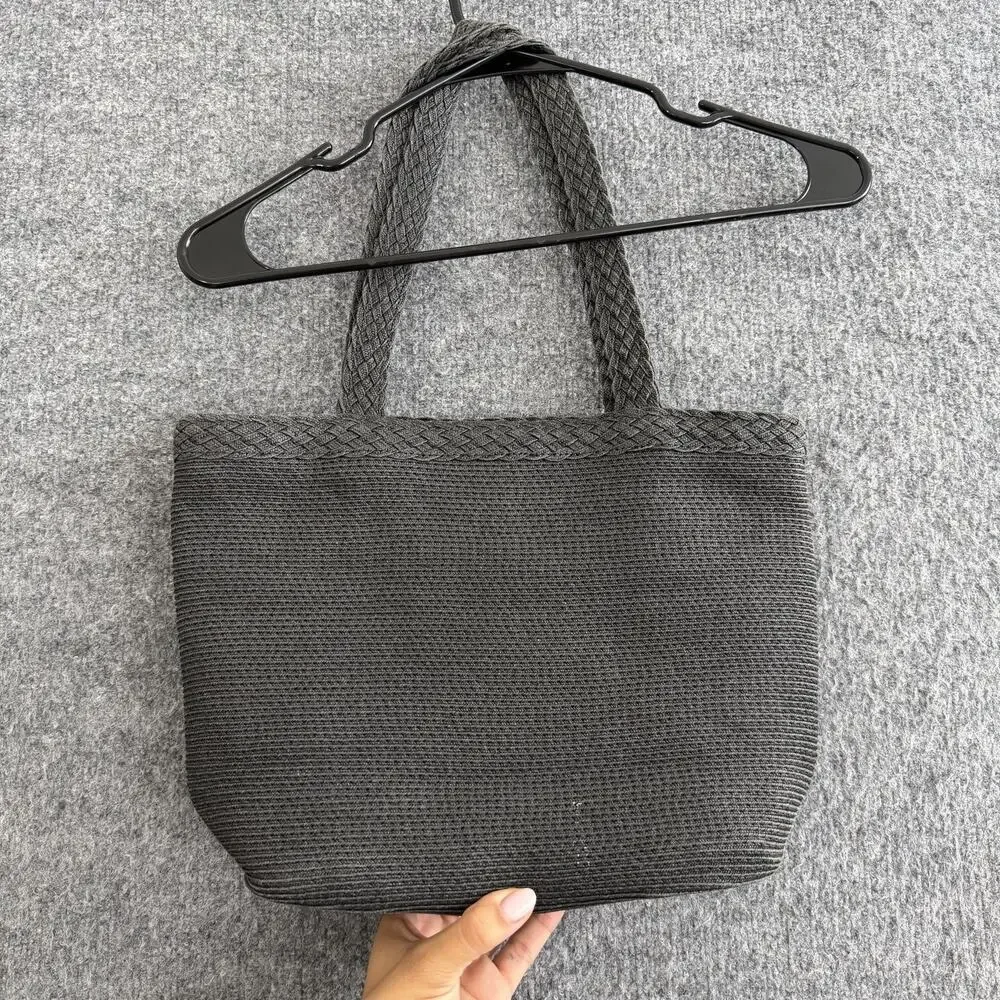 Eric Javits Straw Tote Shoulder Bag Gray Gingham Zip Top Minimalist Casual Chic